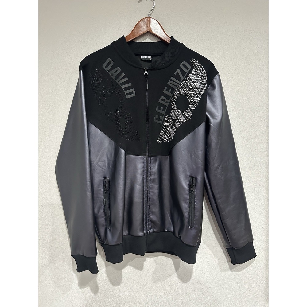 David Gerenzo Jacket‎ Size XL Silver And Black Faux Leather Bomber